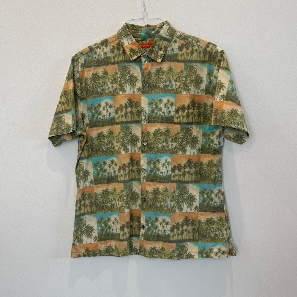Tori Richard Hawaiian Shirt Tropical Palm Trees Print Size Large Tan Cotton Lawn